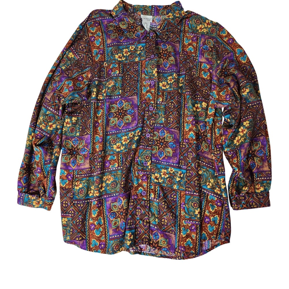 Napa Valley Vintage Style Rayon Mosaic Print Button Up Blouse Plus Size 1X 52